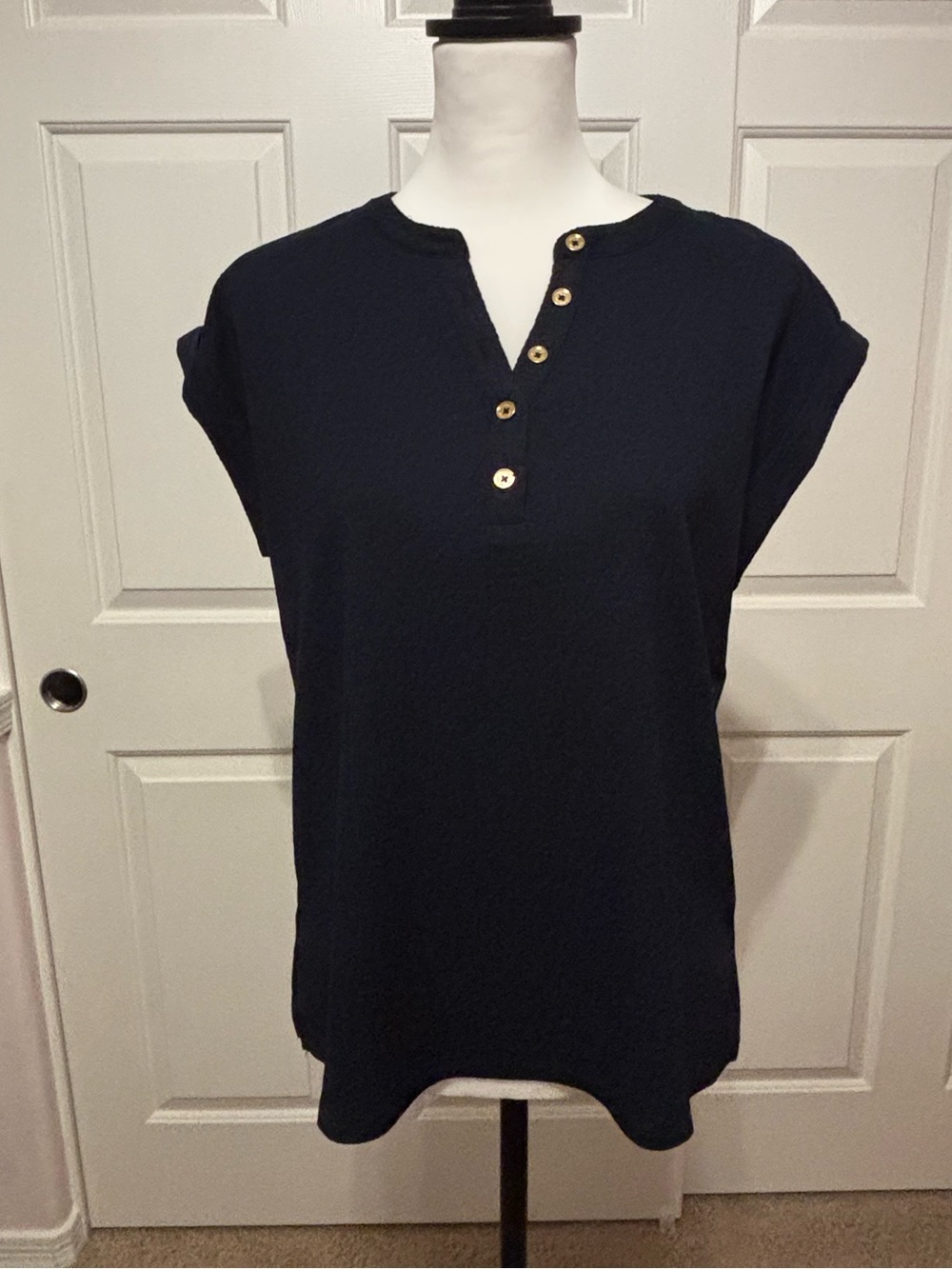 NWT Michael Kors Navy Henley Cap-Sleeve Blouse with Gold Buttons